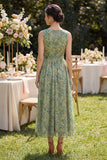 A Line Dusty Green V Neck Floral Wedding Guest Dress with Sash