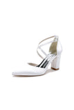 White Satin Pump with Cross Strap and Metal Accent