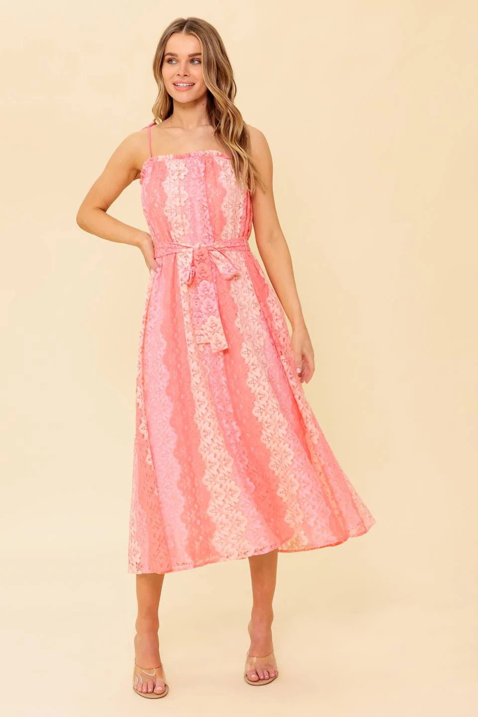 TAILOR MADE LACE MIDI DRESS PEACH
