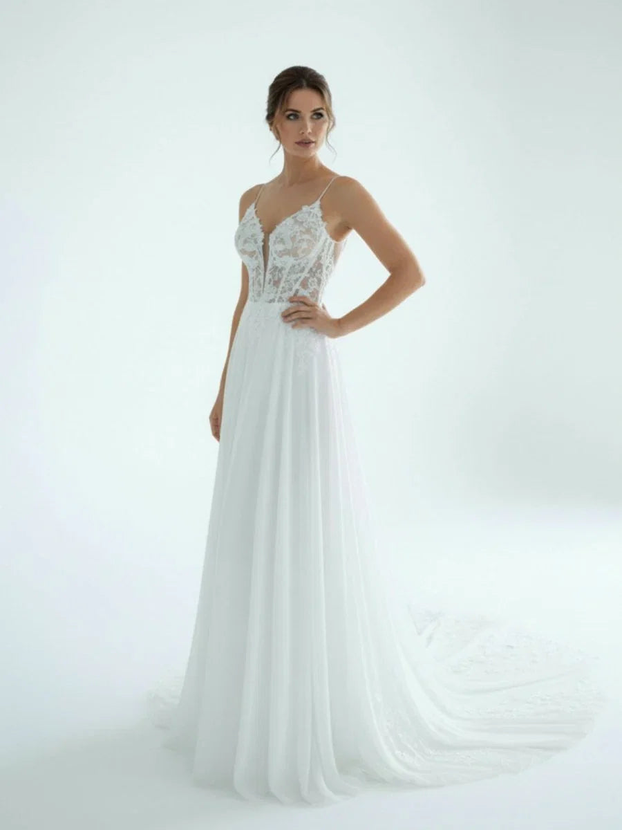 A Line V Neck Chiffon Boho White Appliques Wedding Dresses