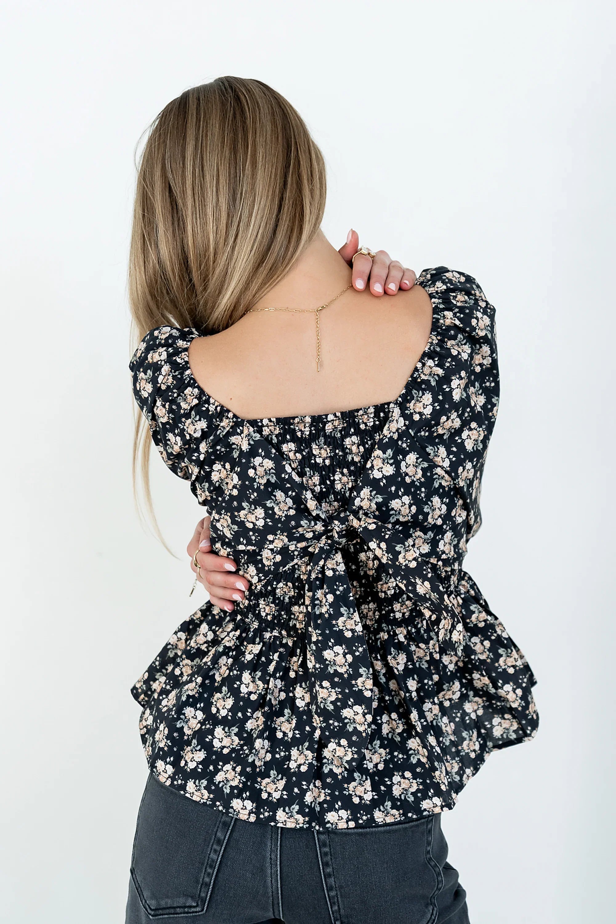 Jerzey Floral Peplum Blouse in Black FINAL SALE