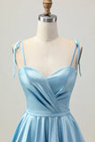Blue A Line Spaghetti Straps Short Satin Homecoming Dress