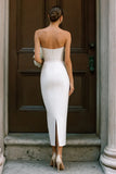 Simple Strapless Bodycon White Midi Engagement Dress with Bow