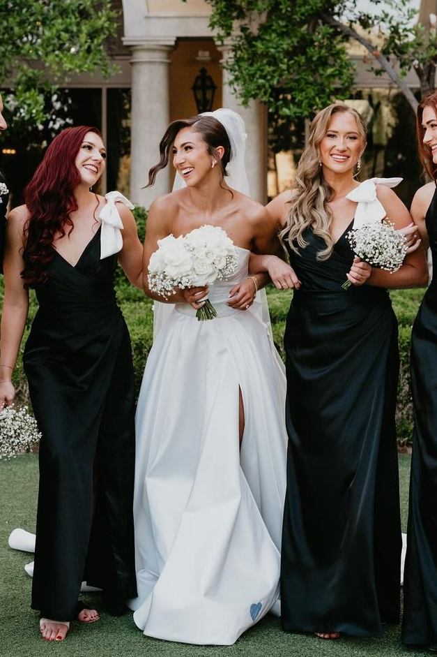 Black V Neck Mermaid Spaghetti Straps Satin Long Bridesmaid Dress with Bow