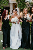Black V Neck Mermaid Spaghetti Straps Satin Long Bridesmaid Dress with Bow