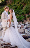Beach Sexy Mermaid Lace Wedding Dress with Tull Court Train V neck Open Back