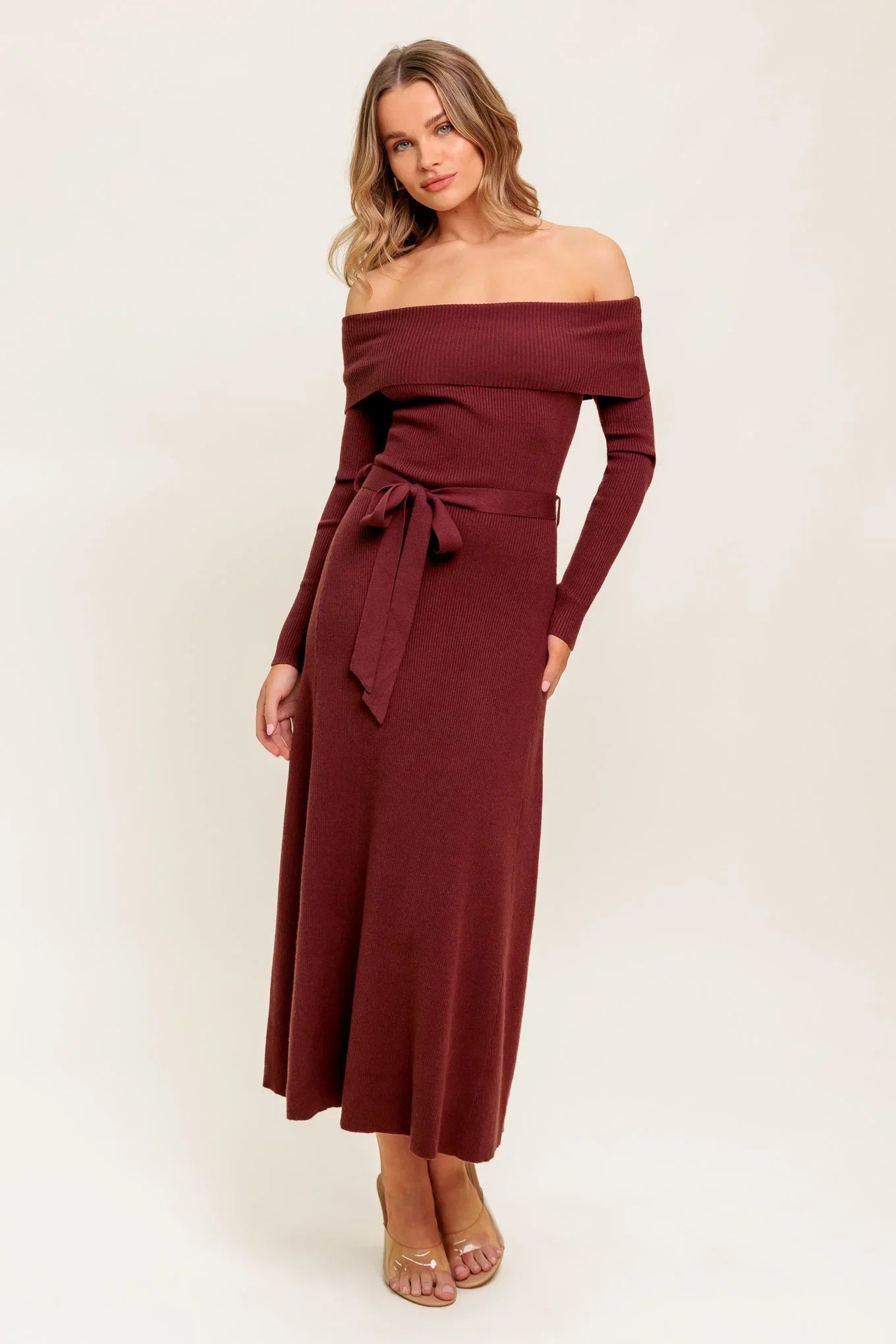 RUSTIC RETREAT OFF THE SHOULDER SWEATER DRESS
