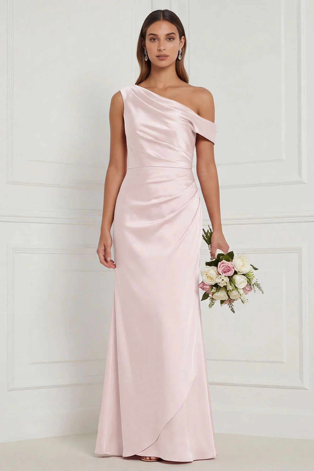 Burnt Orange Asymmetrical Neck Mermaid Ruched Satin Bridesmaid Dress