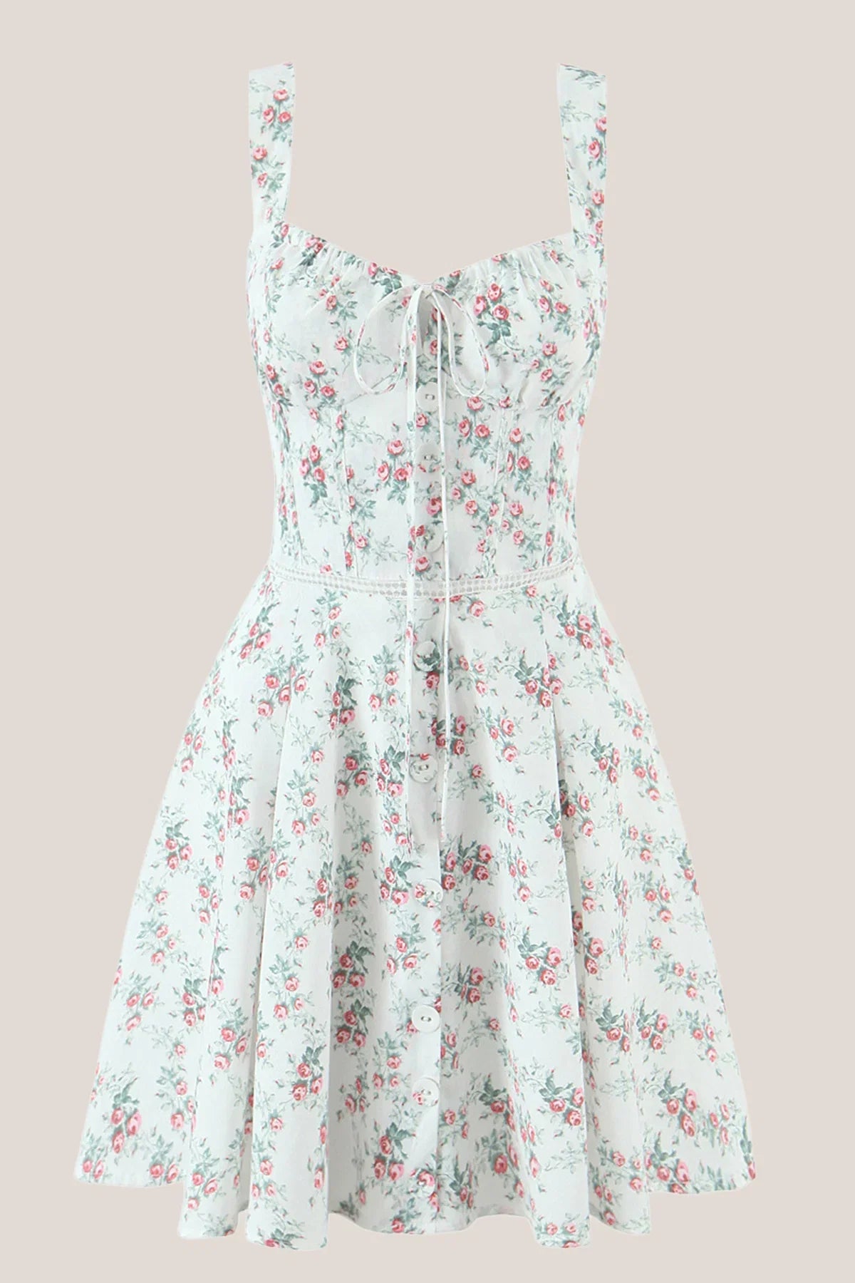 White Vintage Rose Printed A Line Cotton Mini Dress