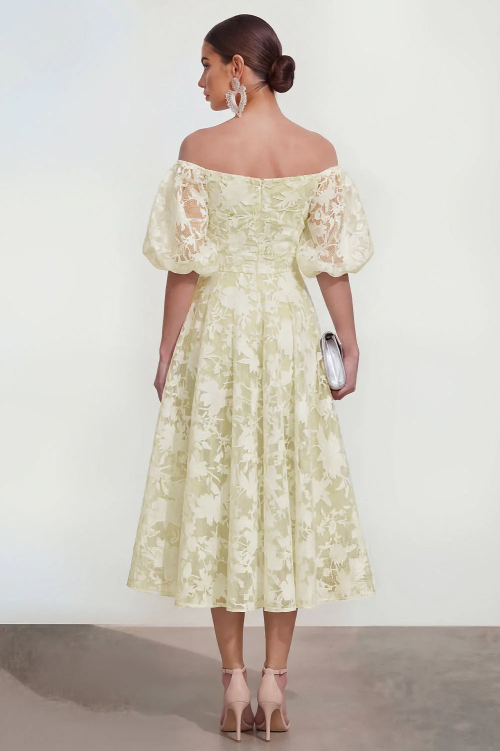 Floral Pink Off the Shoulder A Line Midi Wedding Guest Dress