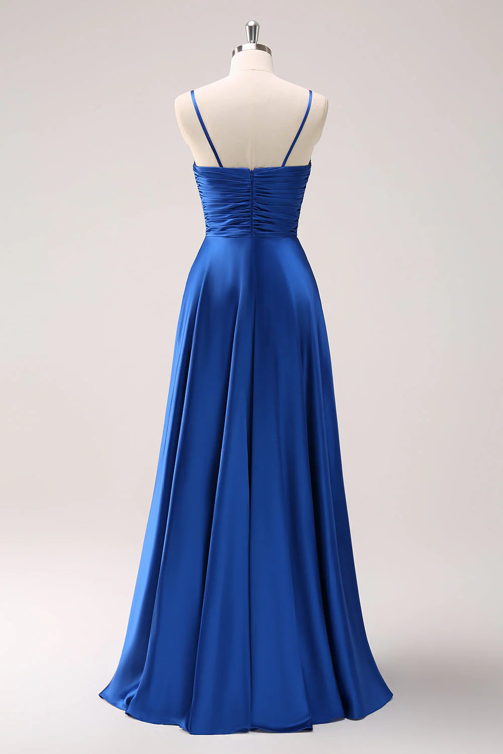 Ink Blue A Line Keyhole Satin Pleated Long Bridesmaid Dress with Slit