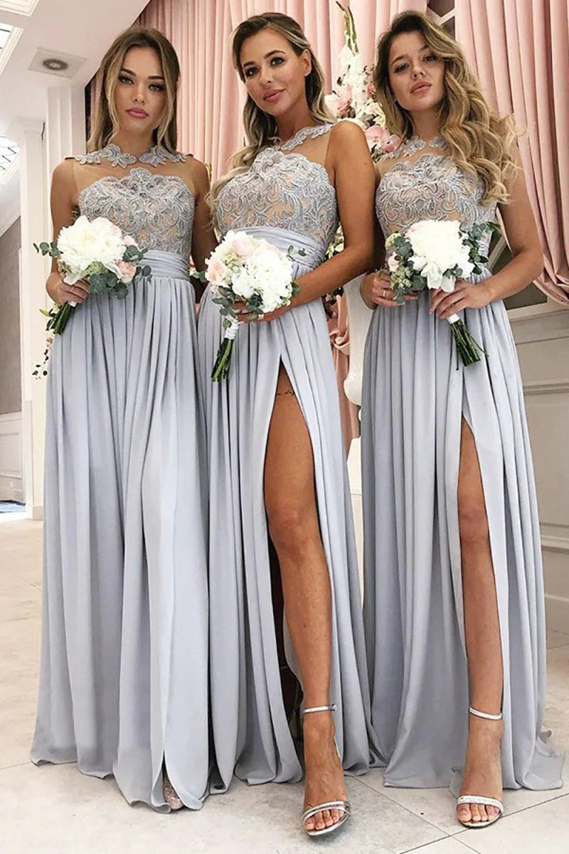 Grey A Line Illusion Round Neck Long Chiffon Bridesmaid Dress with Lace