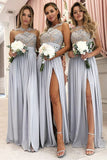 Grey A Line Illusion Round Neck Long Chiffon Bridesmaid Dress with Lace