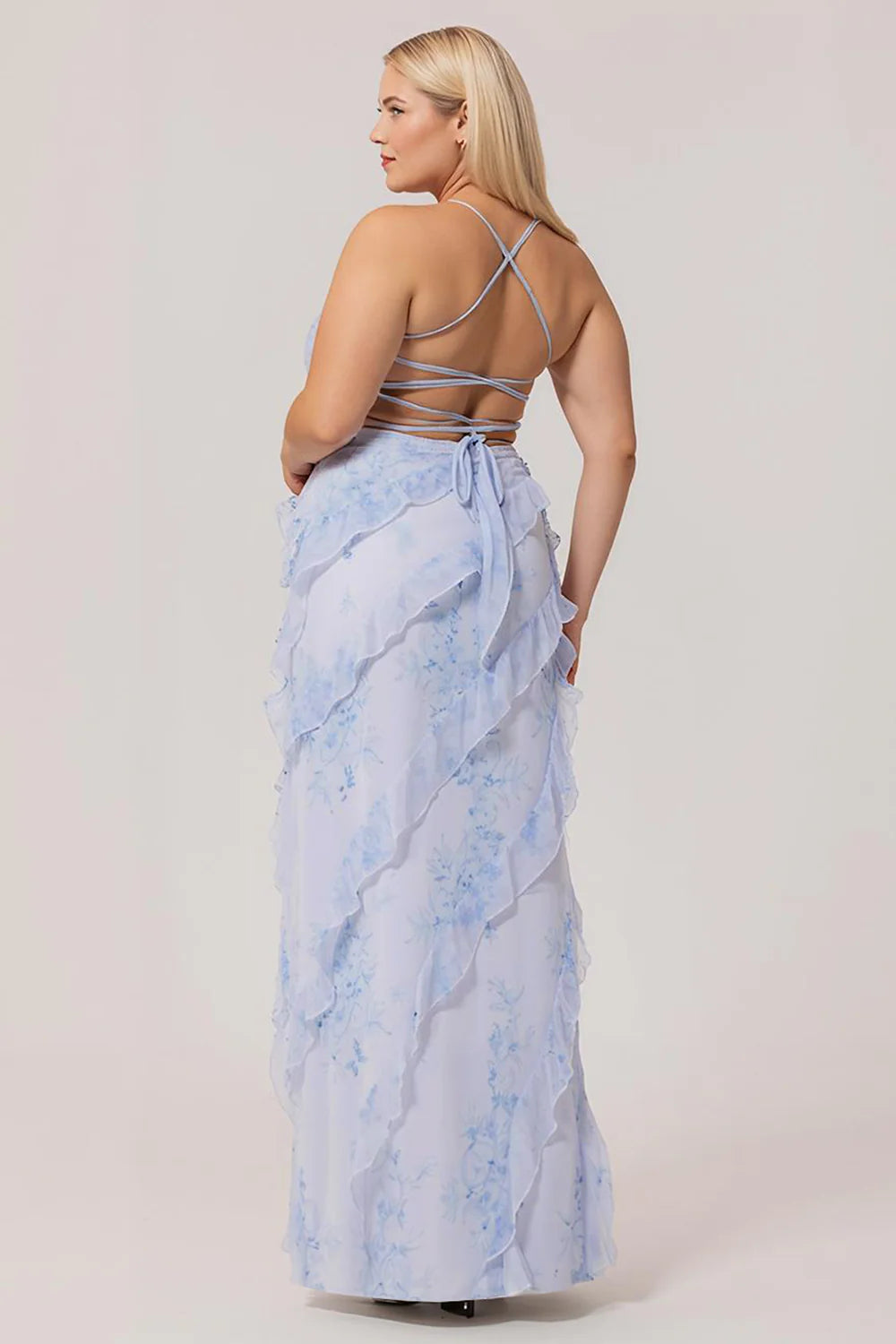 Blue Sheath Backless Print Floral Long Plus Size Bridesmaid Dress with Lace Up Back