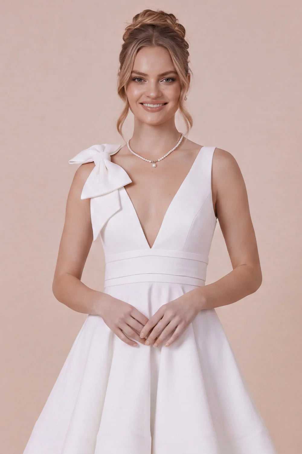 White A Line V Neck Graduation Dress with Bow