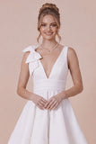 White A Line V Neck Graduation Dress with Bow