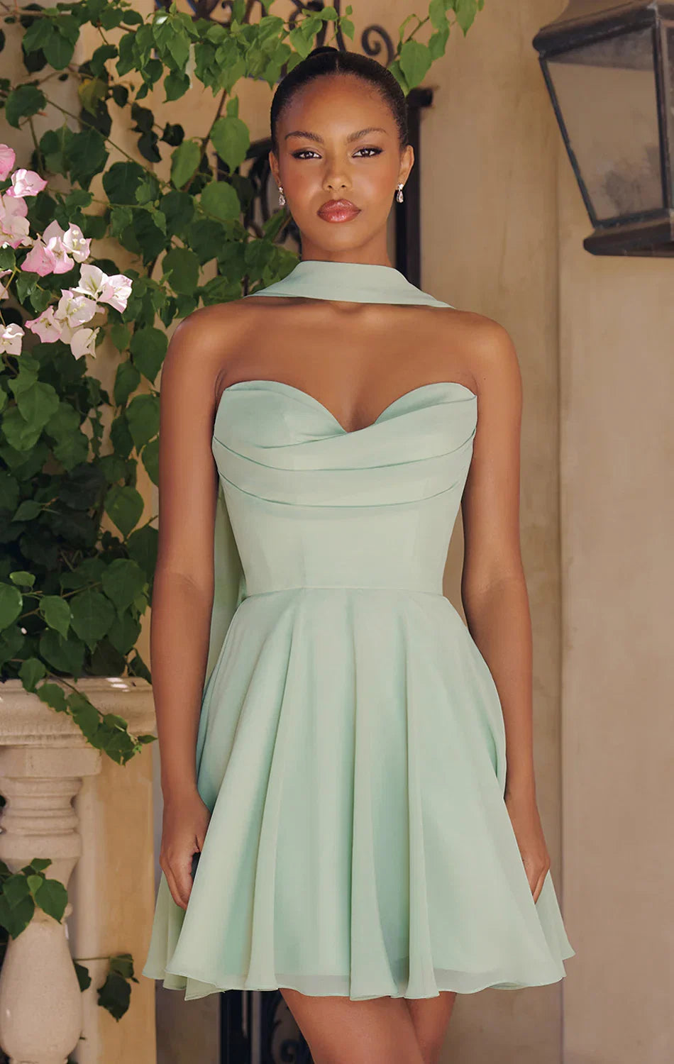 Ella Mini Dress A line Strapless Chiffon Cocktail Dress With Scarf