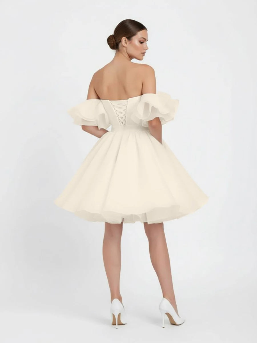 A Line Off The Shoulder Sleeveless Short Mini Organza Wedding Dresses