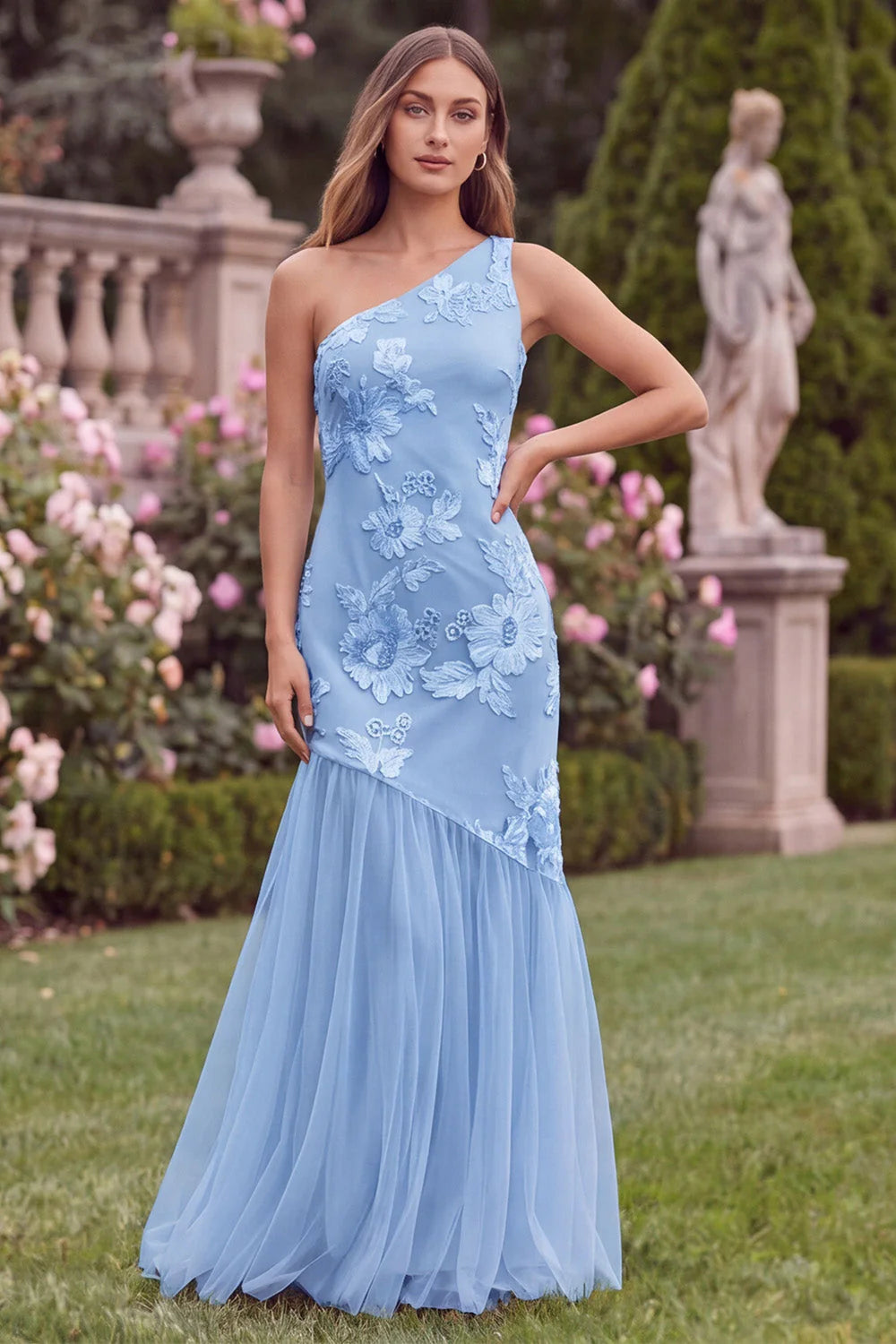 Pink One Shoulder Mermaid Floral Wedding Guest Dress