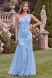 Pink One Shoulder Mermaid Floral Wedding Guest Dress