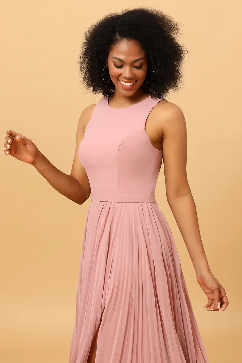 Dusty Rose A Line High Neck Pleated Long Chiffon Bridesmaid Dress