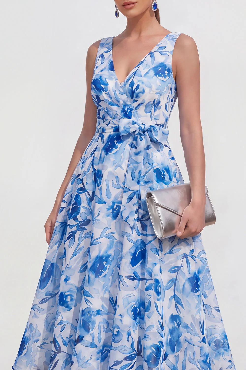 Purple Flower A Line V Neck Wedding Guest Dress with Belt