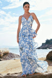 White and Blue Flower A Line Spaghetti Straps Hollow Out Print Bridesmaid Dress