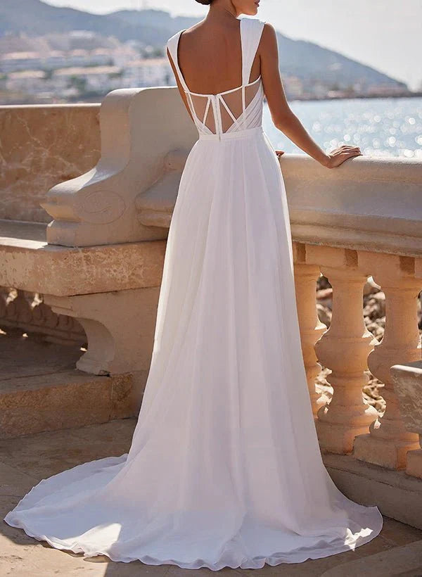 A Line Square Neckline Sleeveless Chiffon Wedding Dresses With High Split