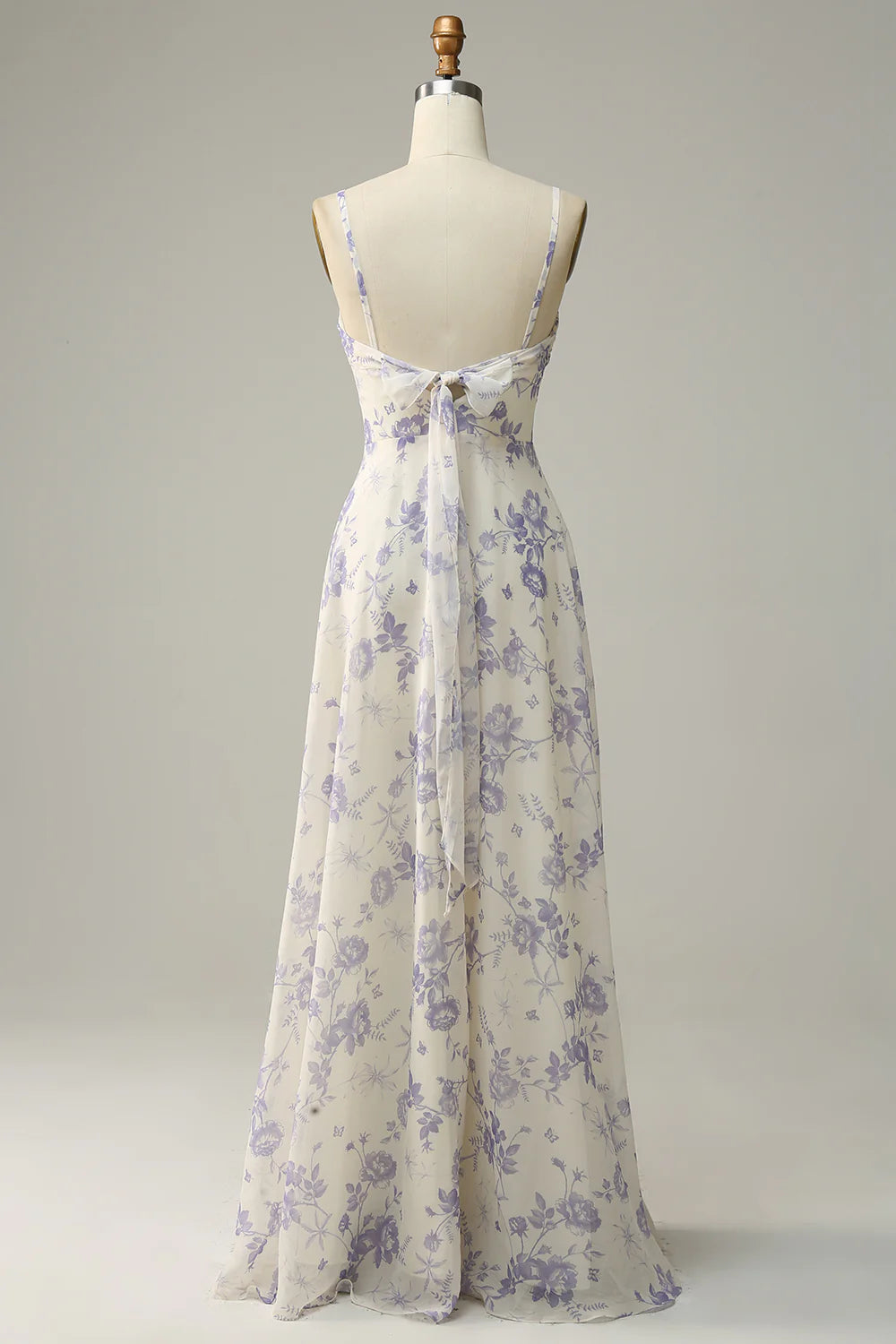 White Blue Flower A Line Spaghetti Straps Chiffon Floor Length Bridesmaid Dress
