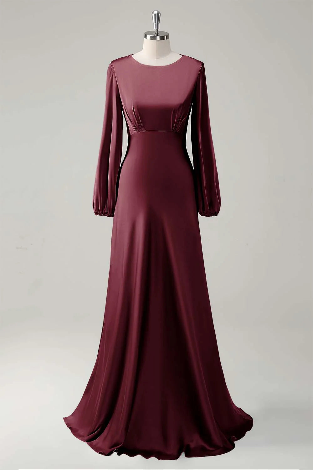 Agave A Line Round Neck Satin Long Bridesmaid Dress with Long Sleeves