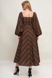 GODDESS BROWN STRIPE LONG SLEEVE MIDI DRESS