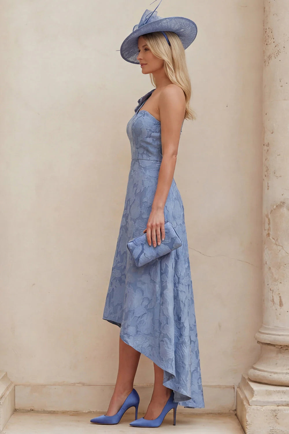 Dusty Blue Floral One Shoulder A Line High Low Mother of the Bride Dress