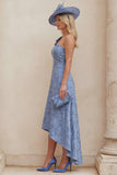 Dusty Blue Floral One Shoulder A Line High Low Mother of the Bride Dress