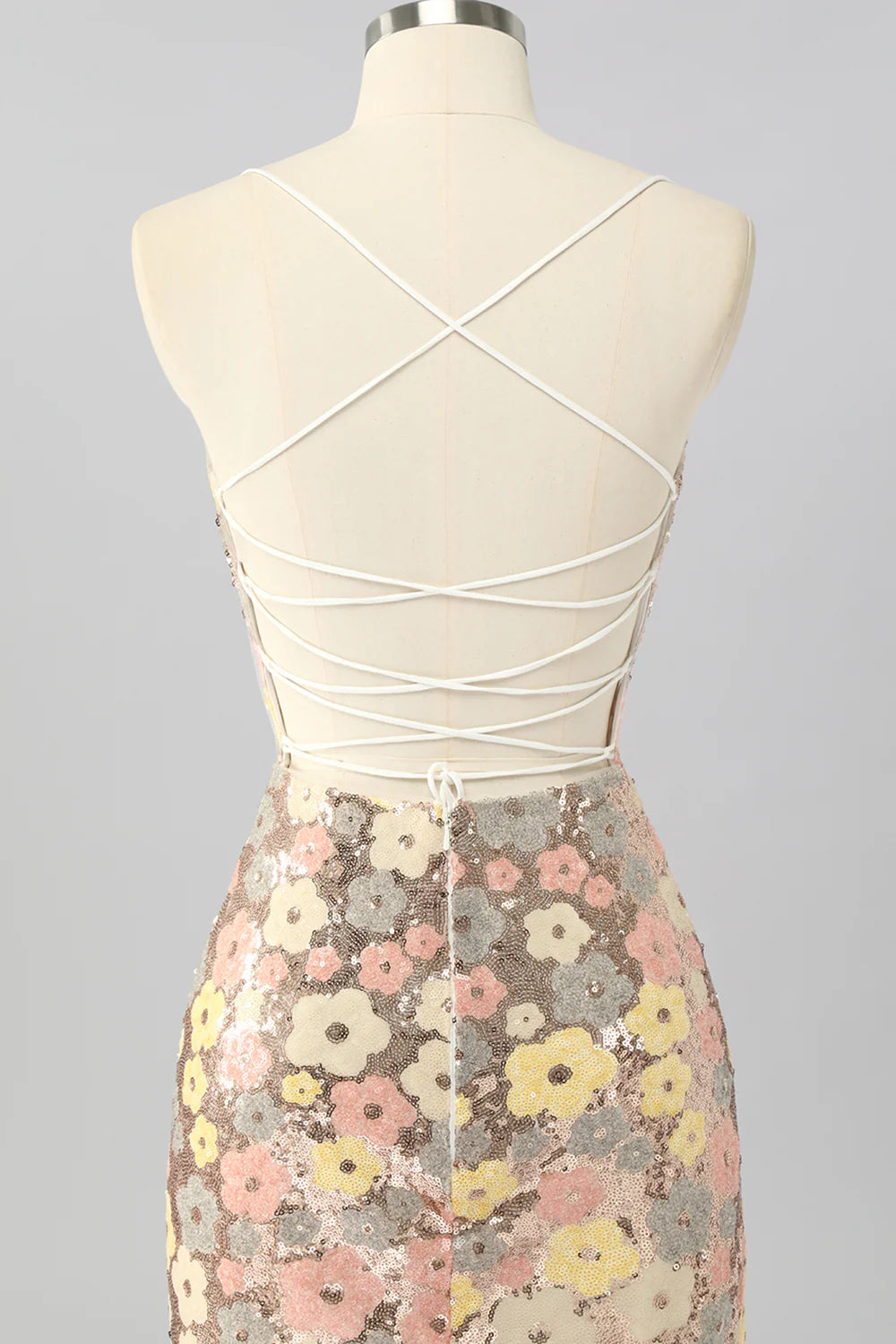 Yellow Flower Bodycon Sequins Spaghetti Straps Homecoming Dress with Lace Up Back