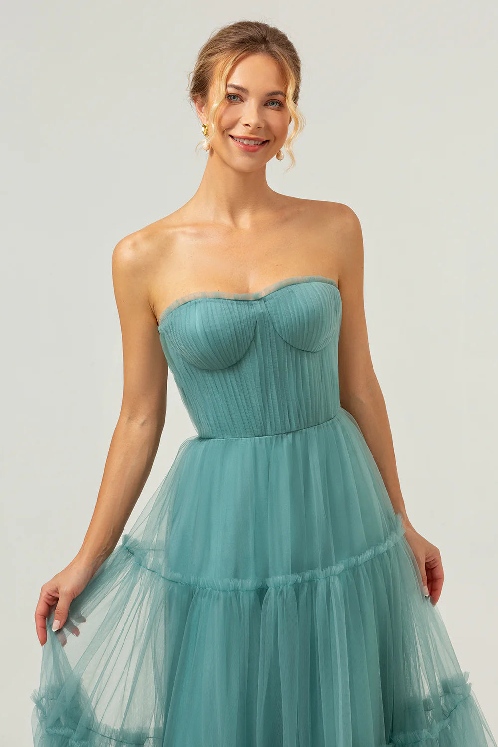 Eucalyptus A Line Strapless Corset Tulle Long Bridesmaid Dress