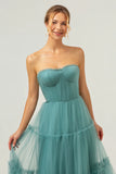 Eucalyptus A Line Strapless Corset Tulle Long Bridesmaid Dress