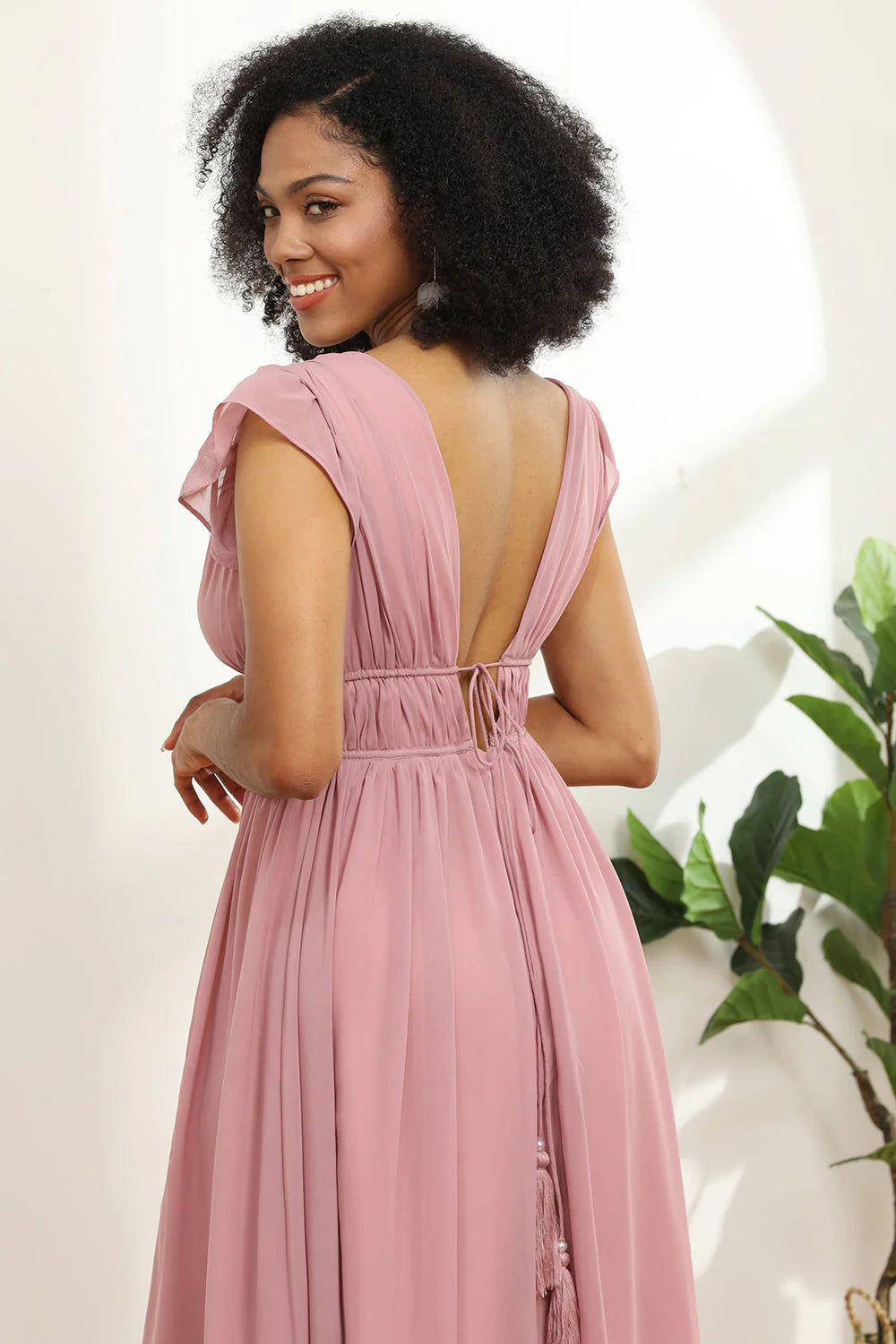 Blush A Line V Neck Long Chiffon Bridesmaid Dress with Slit