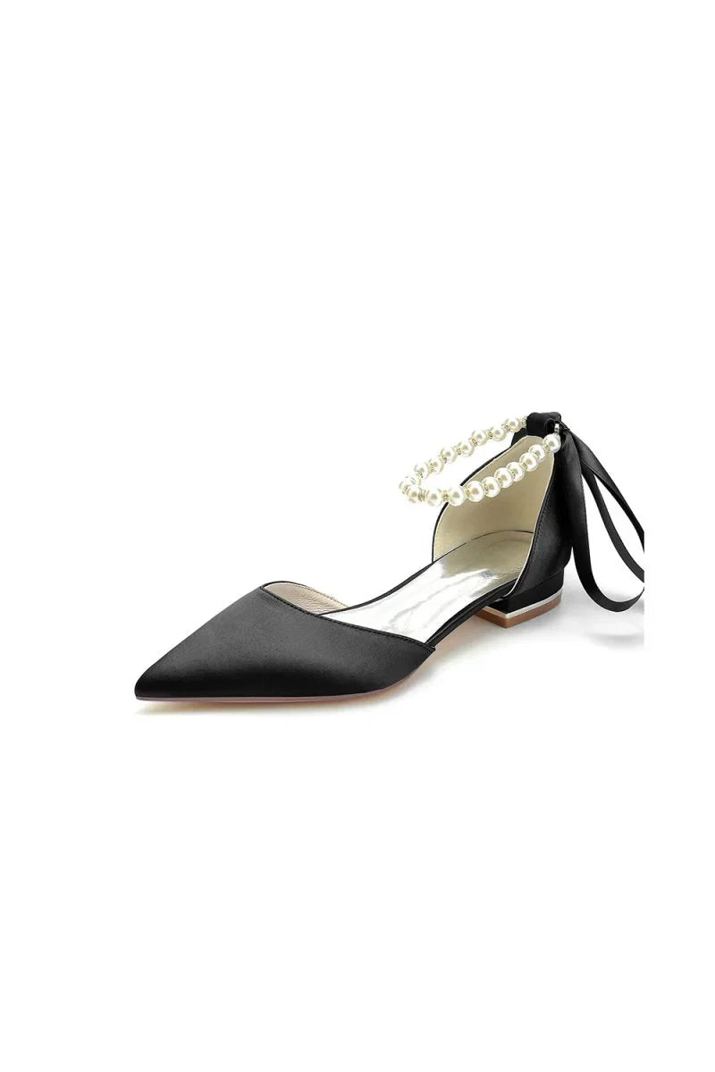 Pearl Ribbon Pointed Toe Ankle Strap Kitten Heels