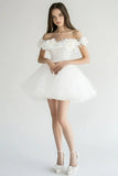 White A Line Tulle Off the Shoulder Short Graduation Dress with Appliques