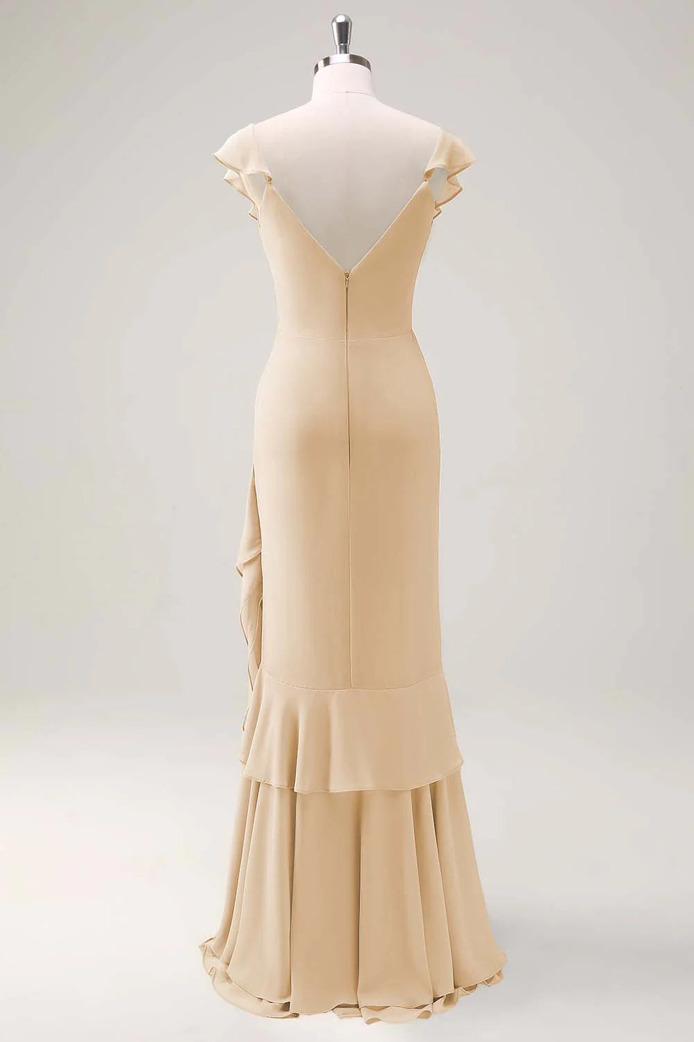 Dusty Sage Sheath V Neck Open Back Chiffon Long Bridesmaid Dress with Ruffles