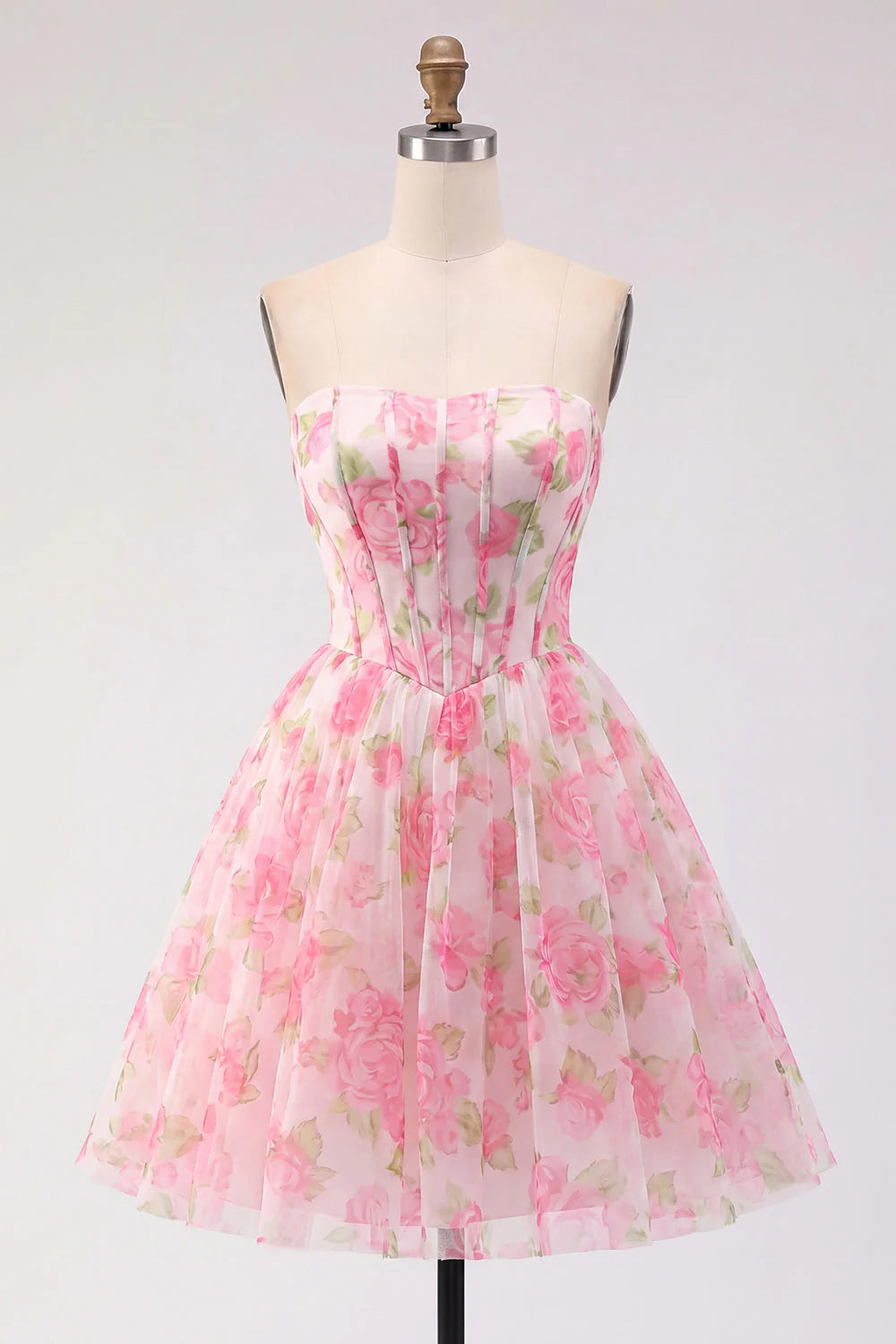 Strapless Corset A Line Floral Print Pink Homecoming Dress
