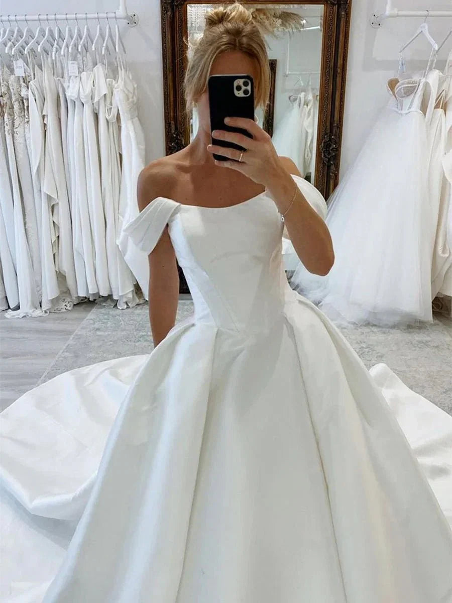 Elegant A Line Off the Shoulder White Satin Wedding Dresses