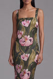 Olive Floral Square Neck Maxi Formal Dress