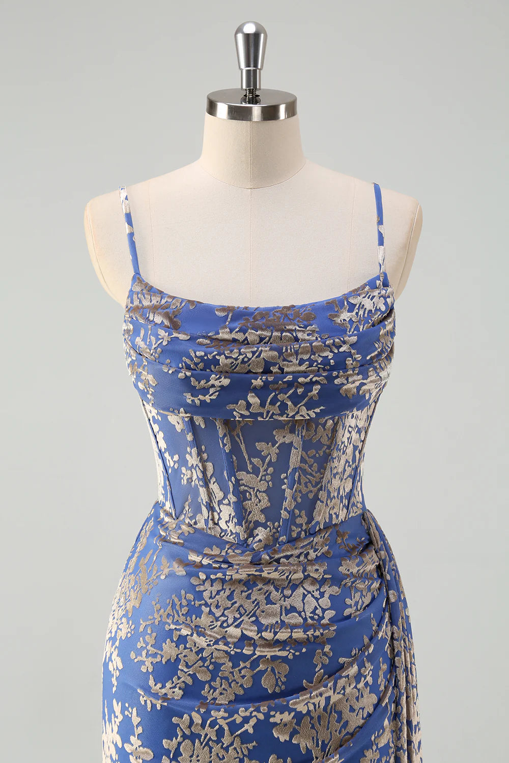 Mermaid Corset Burnout Velvet Blue Bridesmaid Dress with Watteau Train