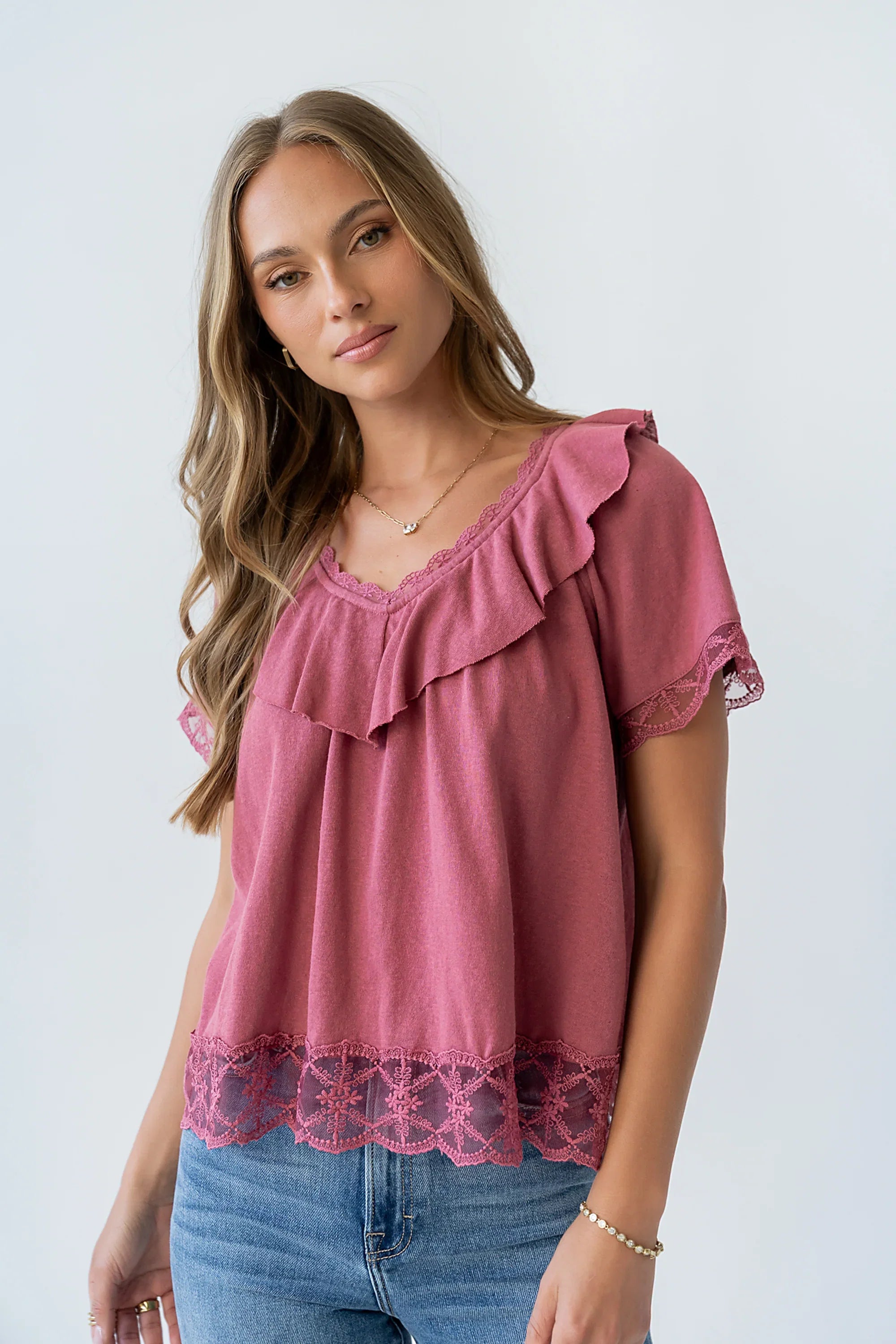 Lilian Lace Trim Top in Berry