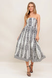 SUMMER SILHOUETTE STRAPLESS BLACK WHITE MIDI DRESS