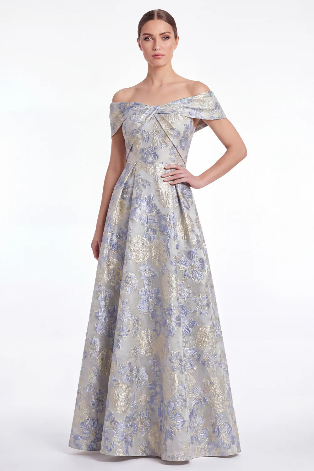 Off the Shoulder A Line Blue Floral Jacquard Mother of the Bride Dress
