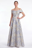 Off the Shoulder A Line Blue Floral Jacquard Mother of the Bride Dress