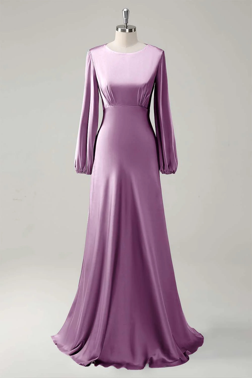 Agave A Line Round Neck Satin Long Bridesmaid Dress with Long Sleeves
