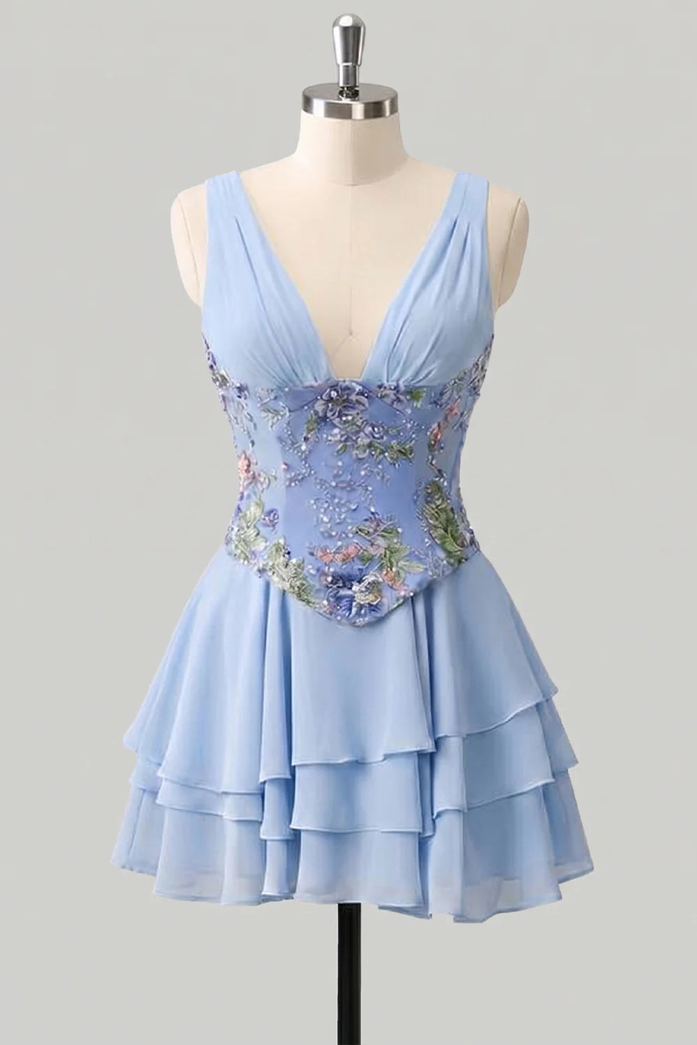 Pink Floral Appliqued V Neck Tiered A Line Homecoming Dress